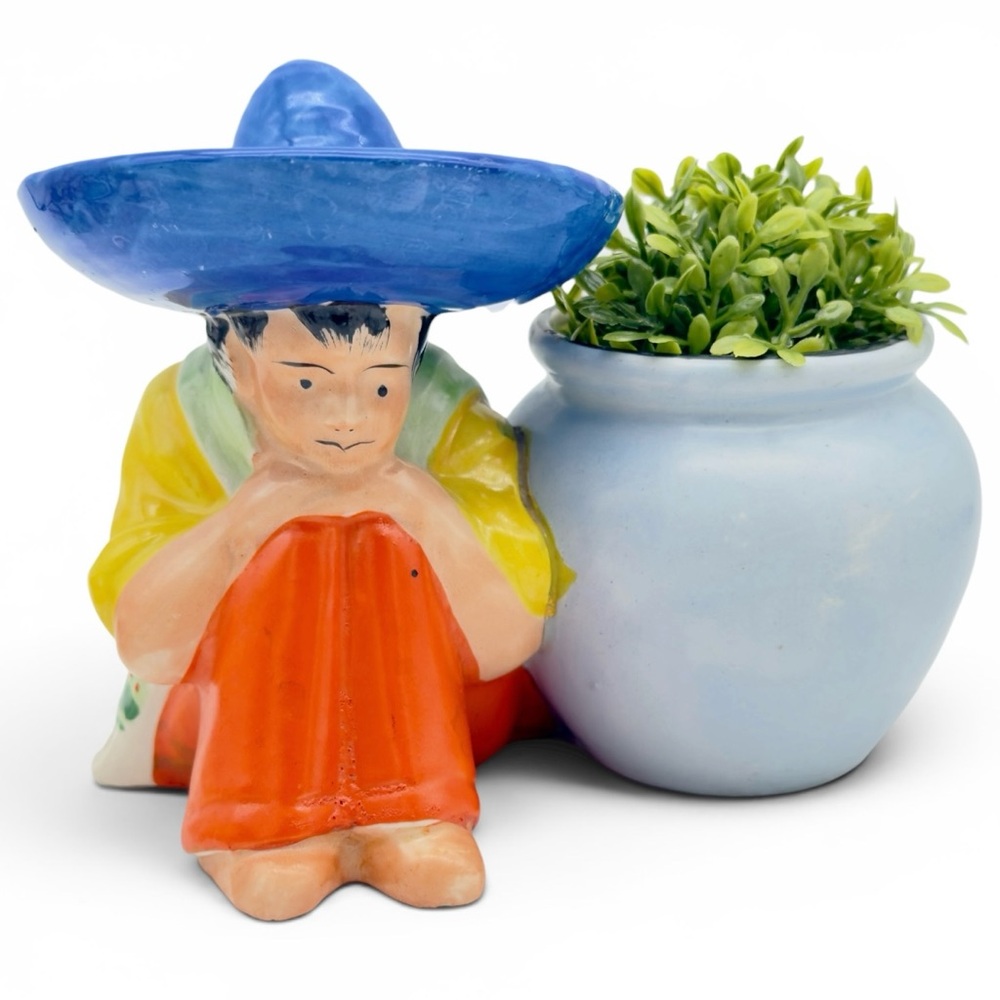 Vintage 1940s Mexican Siesta Planter Horseshoe Mark Japan Ceramic Sombrero Pot